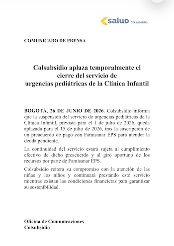 Colsubsidio aplazó hasta el 15 de julio de 2026 el cierre del servicio de urgencias pediátricas de la Clínica Infantil tras suscribir un preacuerdo de pago con Famisanar EPS - crédito Colsubsicio