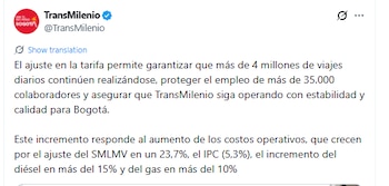 Transmilenio confirmó incremento de 350