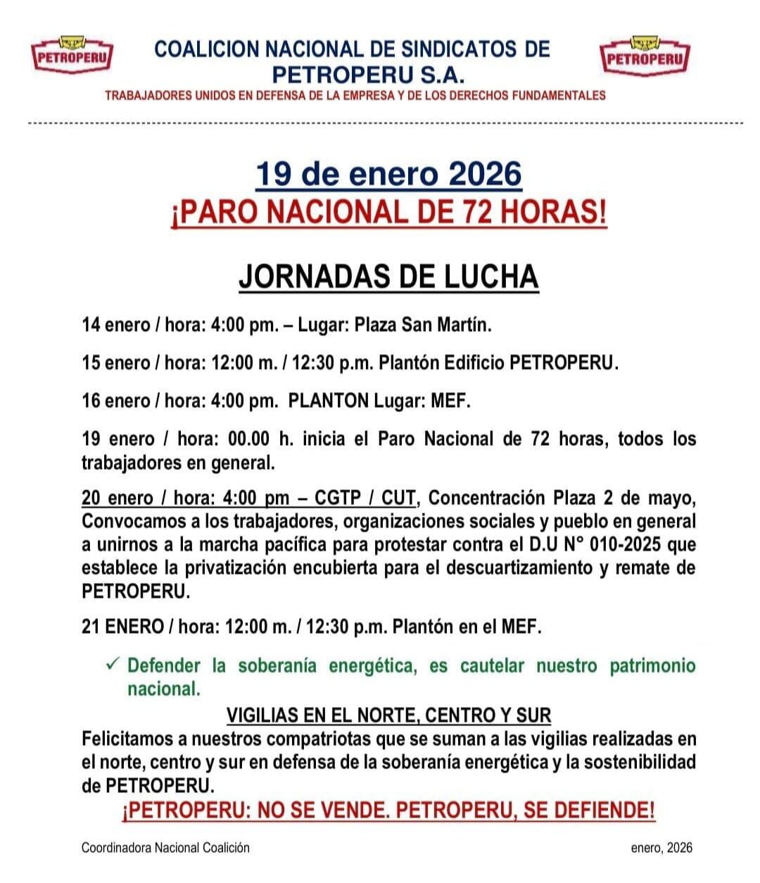 Sindicatos de Petroperú anuncian un paro nacional de 72 horas y acusan al gobierno de colapso financiero deliberado.