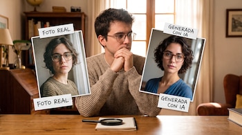 Un hombre con gafas sentado en un escritorio de madera mira dos fotos de rostros, una marcada como "FOTO REAL" y otra como "GENERADA CON IA", junto a una lupa y un cuaderno.