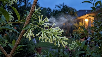 Rama de árbol con hojas verdes y flores tubulares blancas o verdosas con gotas de rocío, un fondo oscuro de jardín y una casa iluminada.