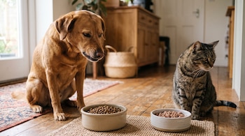 Un perro marrón sentado a la izquierda y un gato atigrado a la derecha, cada uno junto a un plato con comida sobre el suelo de madera.