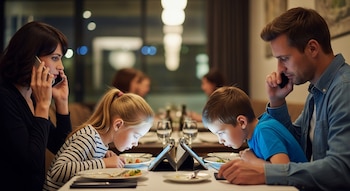 Cuatro personas cenando en un restaurante; los padres hablan por teléfono mientras los dos niños miran pantallas de tabletas encendidas sobre la mesa.