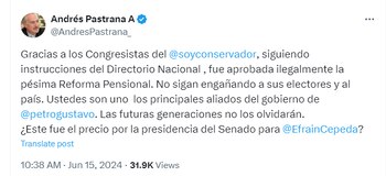 Andrés Pastrana lanzó fuertes críticas contra la reforma pensional aprobada en Cámara de Representantes - crédito @AndresPastrana_/X