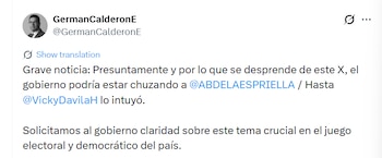 Germán Calderón, abogado de De la Espriella, pidió al gobierno claridad sobre presuntas interceptaciones y vigilancia política - crédito @GermanCalderonE/X