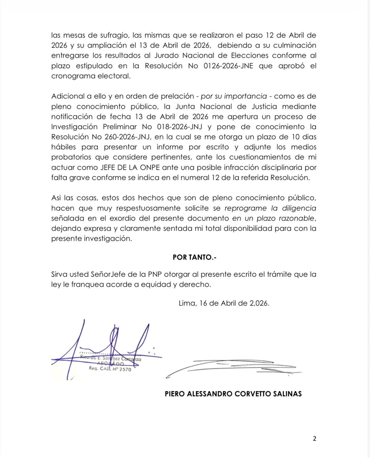 Escrito de Piero Corvetto