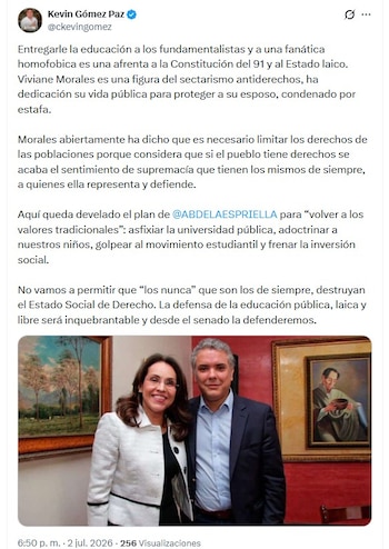 Kevin Gómez señaló que la eventual llegada de Morales al Ministerio de Educación reflejaría, según él, una orientación conservadora del nuevo gobierno - crédito @@ckevingomez/X