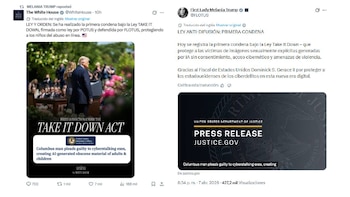 Captura de pantalla de un tuit con la imagen de Donald Trump en un podio y un titular sobre la primera condena de la Ley Take It Down