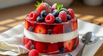 Un vaso de gelatina con capas de frutos rojos y crema, decorado con fresas, frambuesas y arándanos, sobre un paño blanco junto a una cuchara.