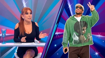 Una mujer sentada a una mesa con un vaso y documentos, frente a un fondo rayado. A la derecha, un hombre con gorra, lentes y sudadera verde.