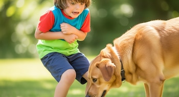 Un niño con camiseta de colores rojo, azul y verde se encoge con expresión de susto mientras un perro marrón claro olfatea el suelo cerca de sus pies, en un exterior soleado.