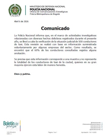 Policía verificó 500 taxistas en Bogotá y el 60 % tiene antecedentes - crédito Policía