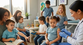 Grupo de niños y adultos en sala de espera mientras una médica vacuna a una niña en el brazo.
