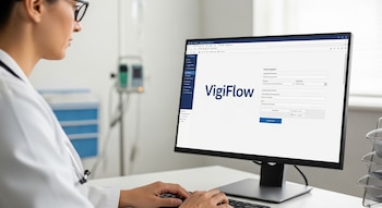 Una médica o enfermera de perfil usa computadora con pantalla que muestra formulario VigiFlow; al fondo, equipo médico y un soporte de suero.