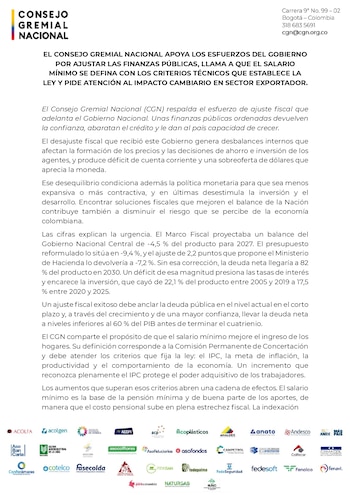 El organismo señaló que un alza que exceda los criterios legales podría elevar los costos pensionales en un escenario de estrechez fiscal y trasladar presiones a la inflación del año siguiente - crédito Consejo Gremial Nacional