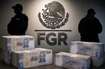 Fajos de billetes de 500 pesos mexicanos en una mesa frente al escudo de México, las siglas FGR y dos agentes de seguridad.
