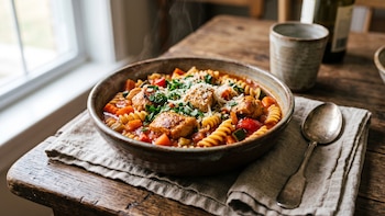 Receta de pollo a la cacerola con fideos y verduras, rápida y fácil
