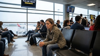 Mujer sentada en sala de espera de aeropuerto con expresión preocupada. Un monitor muestra 'Vuelo 425 - Madrid DEMORADO'. Otras personas y un avión por la ventana.