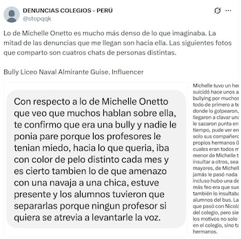 La creadora de contenido no identificó públicamente a la compañera a la que atribuyó el presunto acoso, pero los cibernautas señalan a la influencer Michelle Onetto.