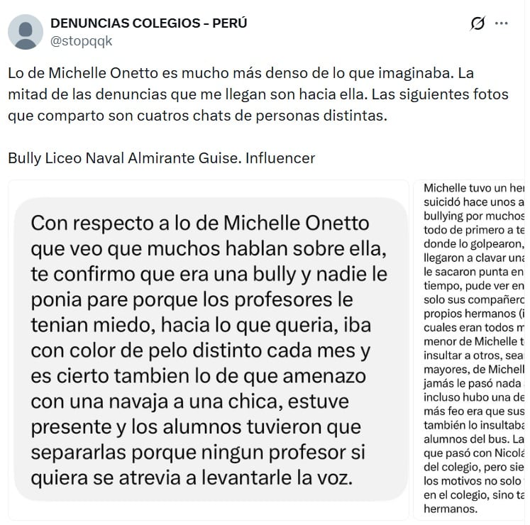 La creadora de contenido no identificó públicamente a la compañera a la que atribuyó el presunto acoso, pero los cibernautas señalan a la influencer Michelle Onetto.