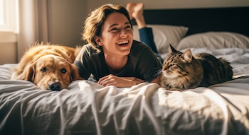 Joven de cabello corto sonríe y ríe acostada boca abajo en una cama clara, entre un perro golden retriever a la izquierda y un gato atigrado a la derecha.
