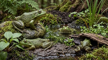 Cuatro ranas verdes distribuidas entre rocas con musgo, lodo, agua y plantas.