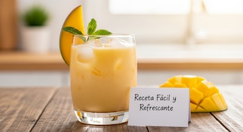 Bebida de mango cremosa en vaso con hielo, rodaja de mango y menta, junto a mango en cubos y tarjeta "Receta Fácil y Refrescante" sobre mesa de madera.