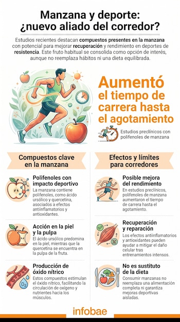 Infografía con corredor, manzanas, cronómetro, iconos variados y texto sobre beneficios de la manzana para deportistas. Logo Infobae.