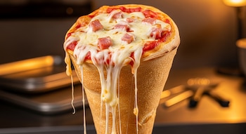Primer plano de una pizza en cono dorada y crujiente, rellena con queso mozzarella fundido, salsa de tomate y jamón. Hilos de queso derretido gotean. Fondo de cocina difuminado.