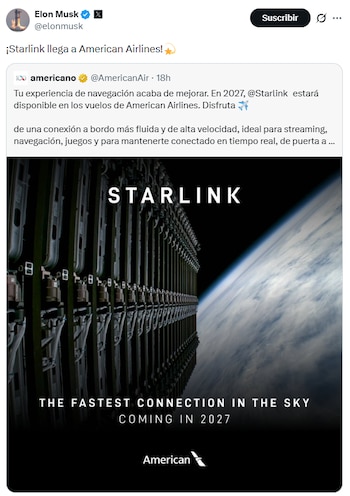 Representación digital de satélites Starlink en órbita con la Tierra en el fondo, promocionando conexión a internet de American Airlines para 2027