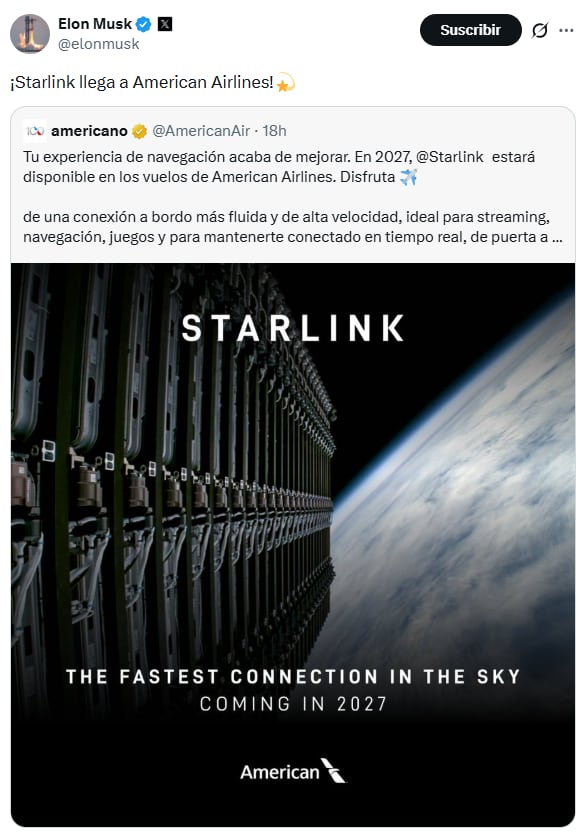 La iniciativa celebrada por la aerolínea y por Elon Musk en redes sociales, busca mejorar la calidad del acceso a internet en rutas nacionales e internacionales (X/Elon Musk)
