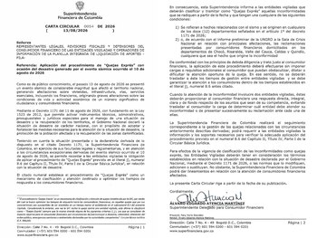 La Carta Circular 54 de 2026 ordenó a bancos y entidades vigiladas priorizar quejas tras la declaratoria de desastre nacional por el Decreto 1171 - crédito @SFCsupervisor / X