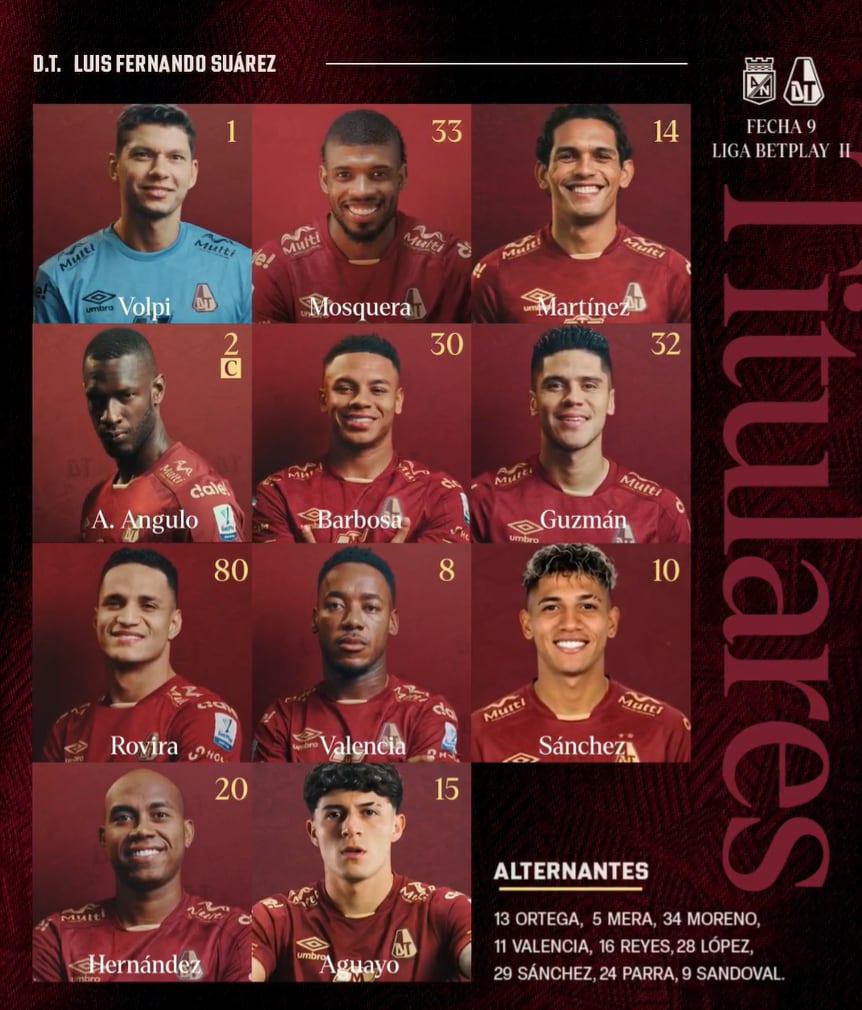 Esta es la formación del Tolima para visitar a Nacional en el estadio Ditaires de Itagüí - crédito Deportes Tolima