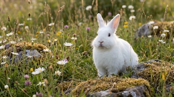 Un conejo blanco con orejas grandes y ojos oscuros está sentado en un prado verde con flores blancas, moradas y rocas con musgo.