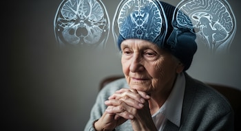 Una mujer mayor sentada con un gorro azul y manos entrelazadas; sobre su cabeza flotan tres imágenes transparentes de resonancias magnéticas cerebrales.