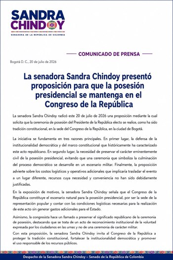 La senadora Sandra Chindoy radicó en el Senado una solicitud para impedir el cambio de sede y mantener la posesión en el Congreso de Bogotá - crédito Prensa Sandra Chindoy