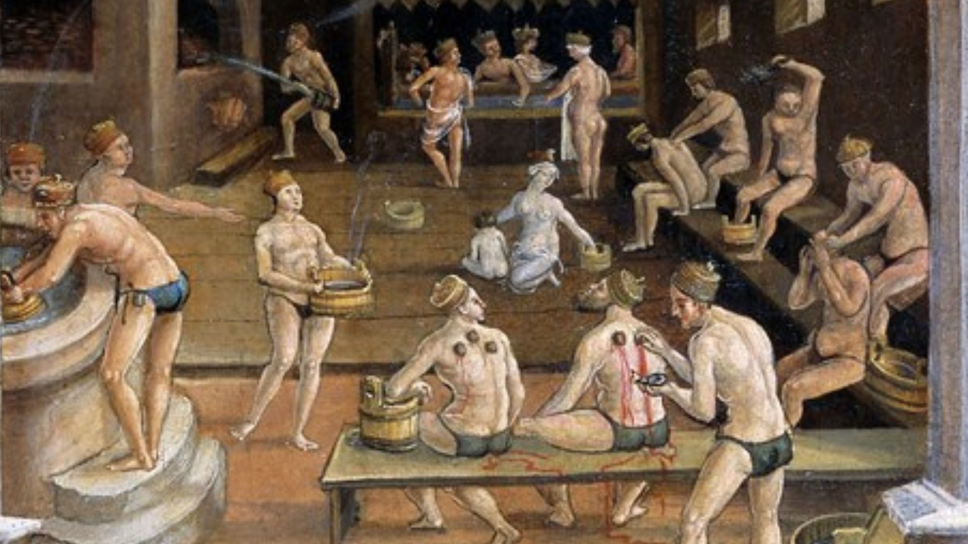 Las fuentes visuales del siglo XVI destacan la importancia del cuidado capilar, como lavarlo, peinarlo o cortarlo, para los regímenes de salud renacentistas más amplios, que se centraban en las funciones depurativas de la sudoración, el lavado, las ventosas y los masajes, así como en su importancia para el mantenimiento del equilibrio de los flujos corporales. Hans Wertinger, La Casa de Baños , Landshut, ca. 1516/25. © Germanisches Nationalmuseum Nuremberg, Gm2300. Foto: Monika Runge.