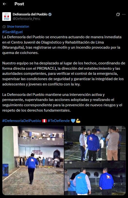 Maranguita bajo supervisión: Defensoría investiga in situ tras motín e incendio. Infobae Perú / Captura: X