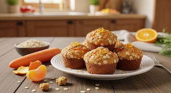 Cinco muffins con avena y ralladura de zanahoria/naranja en un plato blanco sobre mesa de madera. Avena, zanahoria y naranja visibles, con cocina al fondo.