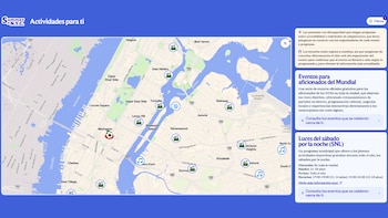 Captura de pantalla de una aplicación con un mapa azul de Nueva York y Manhattan, mostrando iconos de eventos y un menú lateral con descripciones de actividades