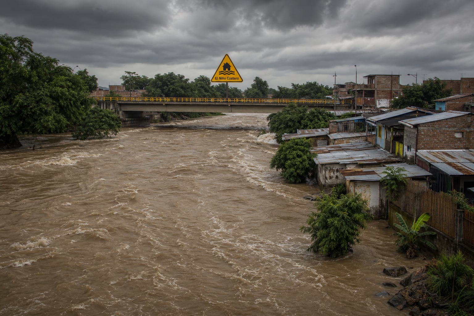 El incremento del caudal de un río bordea viviendas vulnerables en el norte de Perú bajo una alerta por el fenómeno de El Niño Costero. (Imagen Ilustrativa Infobae)