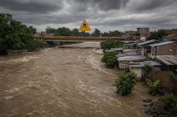 Un río de aguas marrones corre junto a casas de lámina bajo un puente con una señal amarilla de advertencia de El Niño Costero.