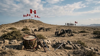 Un tambor, un fusil, sables y cañones en un terreno árido, con banderas de Perú en una colina y soldados marchando al fondo.