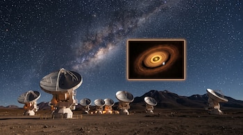 Antenas de radiotelescopio en un desierto bajo un cielo estrellado y un recuadro que muestra un disco protoplanetario con un planeta.
