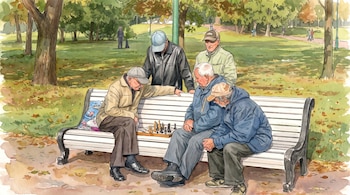Ilustración de cinco hombres en un parque con árboles, tres de ellos sentados en un banco blanco con un tablero de ajedrez en el medio.