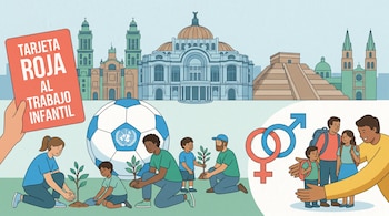 Personas plantan árboles. Balón ONU. "Tarjeta Roja al Trabajo Infantil". Símbolos de género y familia. Fondo mexicano.