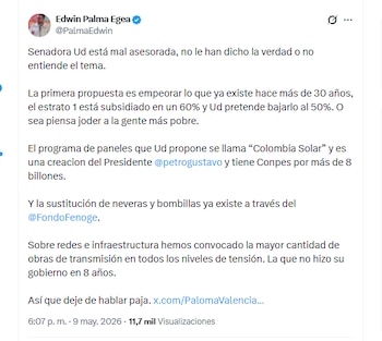 El ministro Edwin Palma Egea criticó propuestas de Paloma Valencia para reducir el costo de la energía en la Costa Caribe - crédito @PalmaEdwin/X