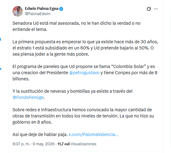 El ministro Edwin Palma Egea criticó propuestas de Paloma Valencia para reducir el costo de la energía en la Costa Caribe - crédito @PalmaEdwin/X