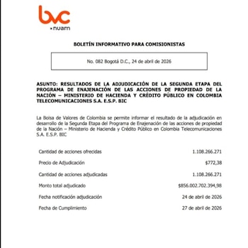 La Bolsa de Valores de Colombia confirmó que la totalidad de las acciones fue adjudicada a inversores privados, estableciendo así un nuevo escenario en el sector y cerrando la presencia estatal en la compañía - crédito Bvc