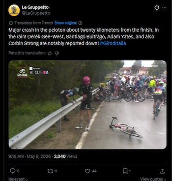 Una de las páginas especializadas en ciclismo detalló el momento cuando el corredor bogotano Santiago Buitrago se ve involucrado en una caída-crédito
@LeGruppetto/X